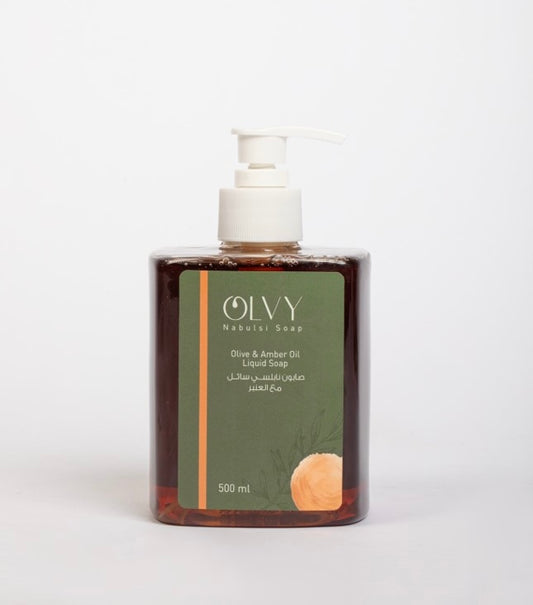Olvy Nabulsi Pure Olive Oil Liquid Soap With Amber Oil - Hand and Body Wash - 16.9oz In Pump Bottle 100% Natural and Vegan