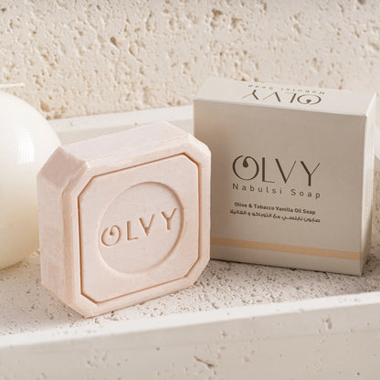 Olvy Original Olive Oil Bar Soap, 3.5 oz, Moisturizing for Dry & Sensitive Skin, Vegan, Natural Inspired by Traditional Palestenian Soap (Olive and Tobacco Vanilla Oil)