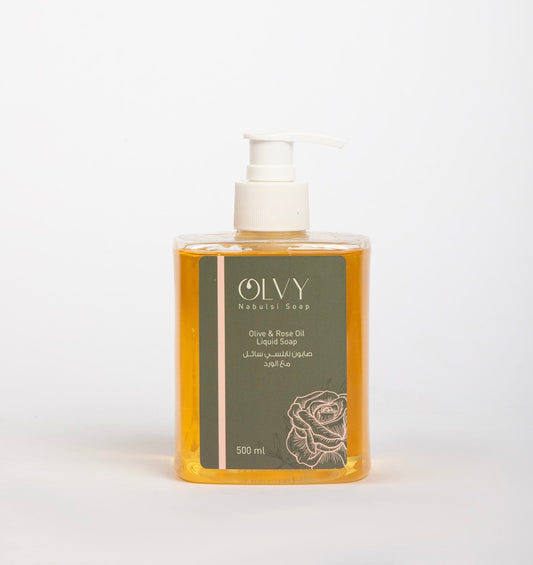 Olvy Nabulsi Olive Oil Liquid Soap with Rose Oil - Hand and Body Wash - 16.9oz In Pump Bottle 100% Natural and Vegan